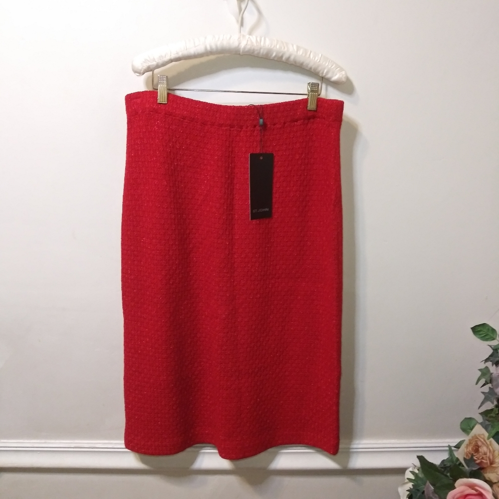 St. John Sparkly "Venetian" Red Plus Size Special Occasion Ribbed Pencil Skirt